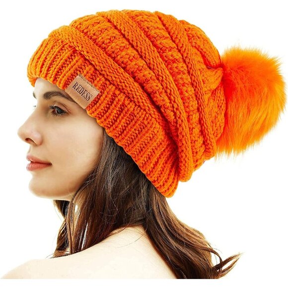 〽️Women Orange Winter Pom Pom Beanie Hat with Warm Fleece Lined XL